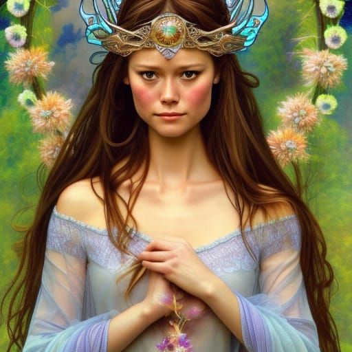 Ethereal Cyberpunk Portrait with Wildflowers and Tiara