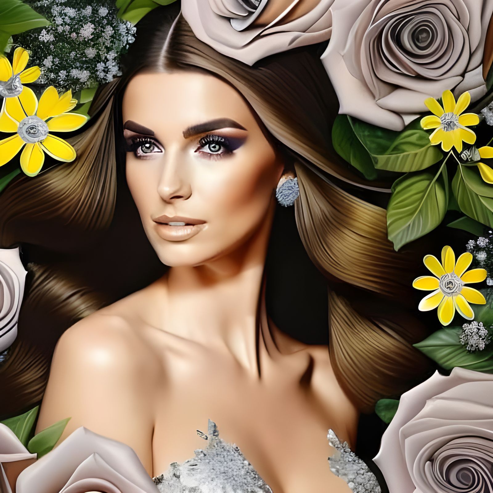 Detailed Portrait of Brunette in Yellow Dress with Flowers