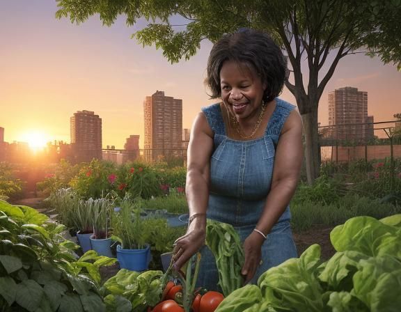 Urban Garden: Grandmother and Grandchildren Harvesting Veget...