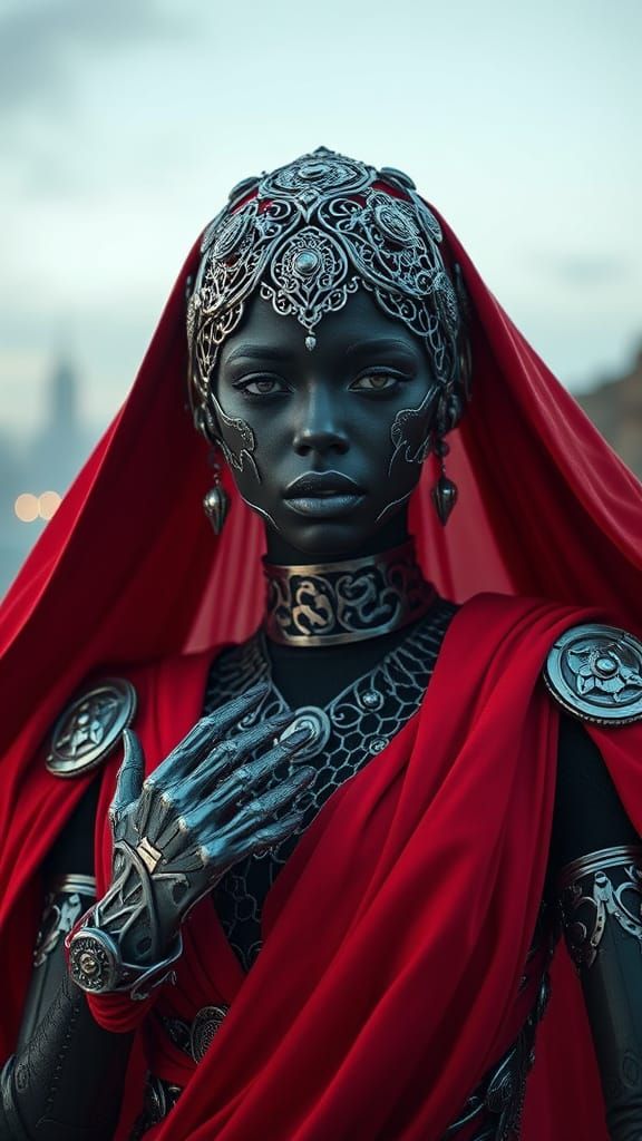 Ethereal Black Metal Goddess in Futuristic Latticework