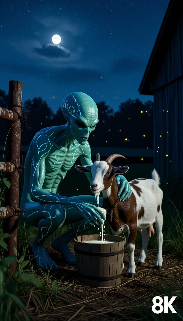 Eerie Alien Milking Goat in Nocturnal Barn