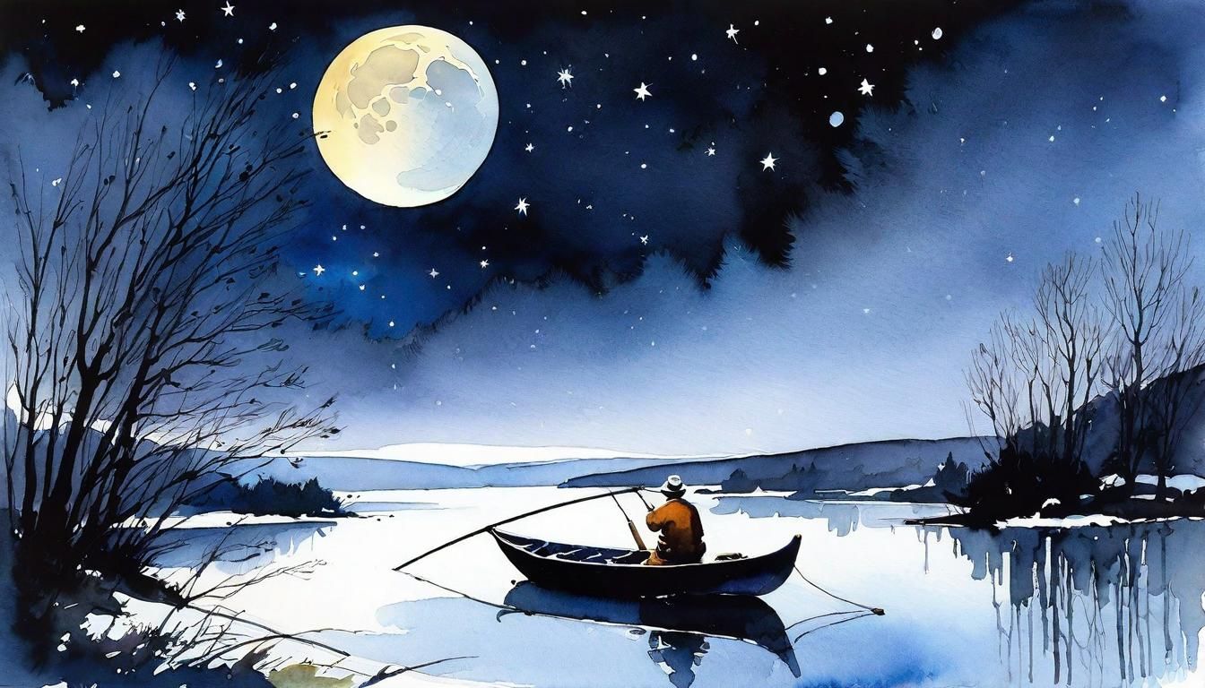 Fisherman on Snowy River Under Moonlight, Watercolor Style