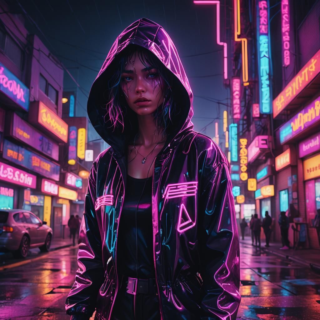 Synthwave Neon: Weeping Figure in City Lights