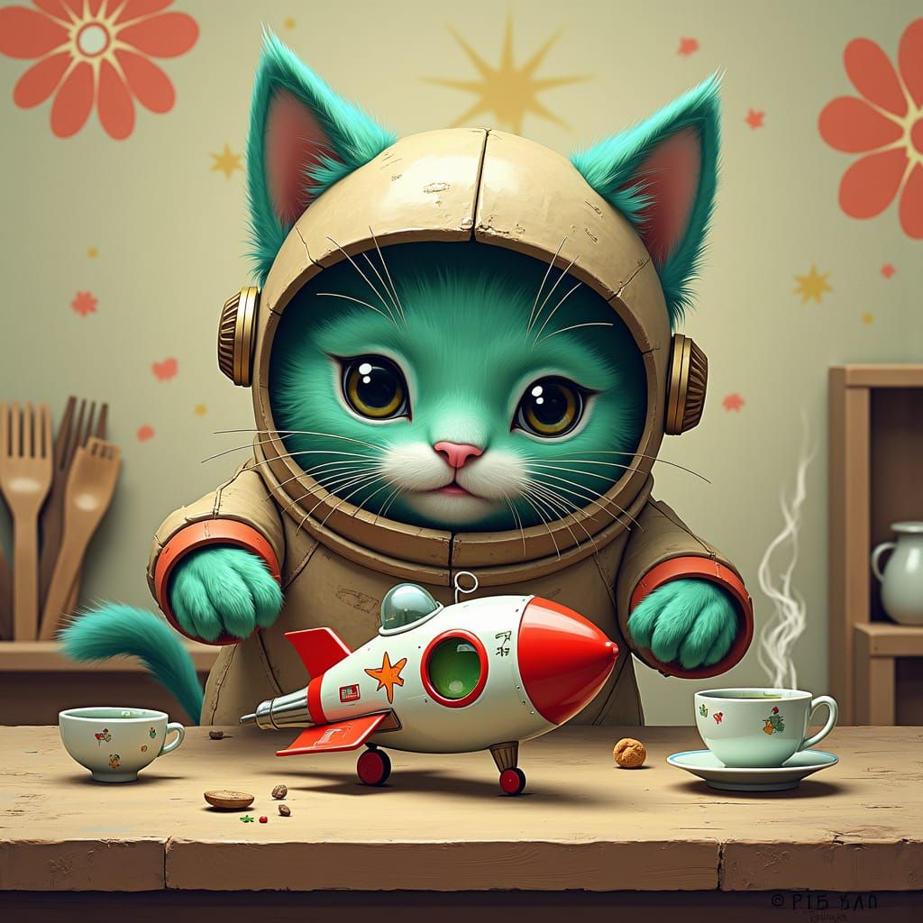 Cat Astronaut in Anime-Inspired Pop Surrealism