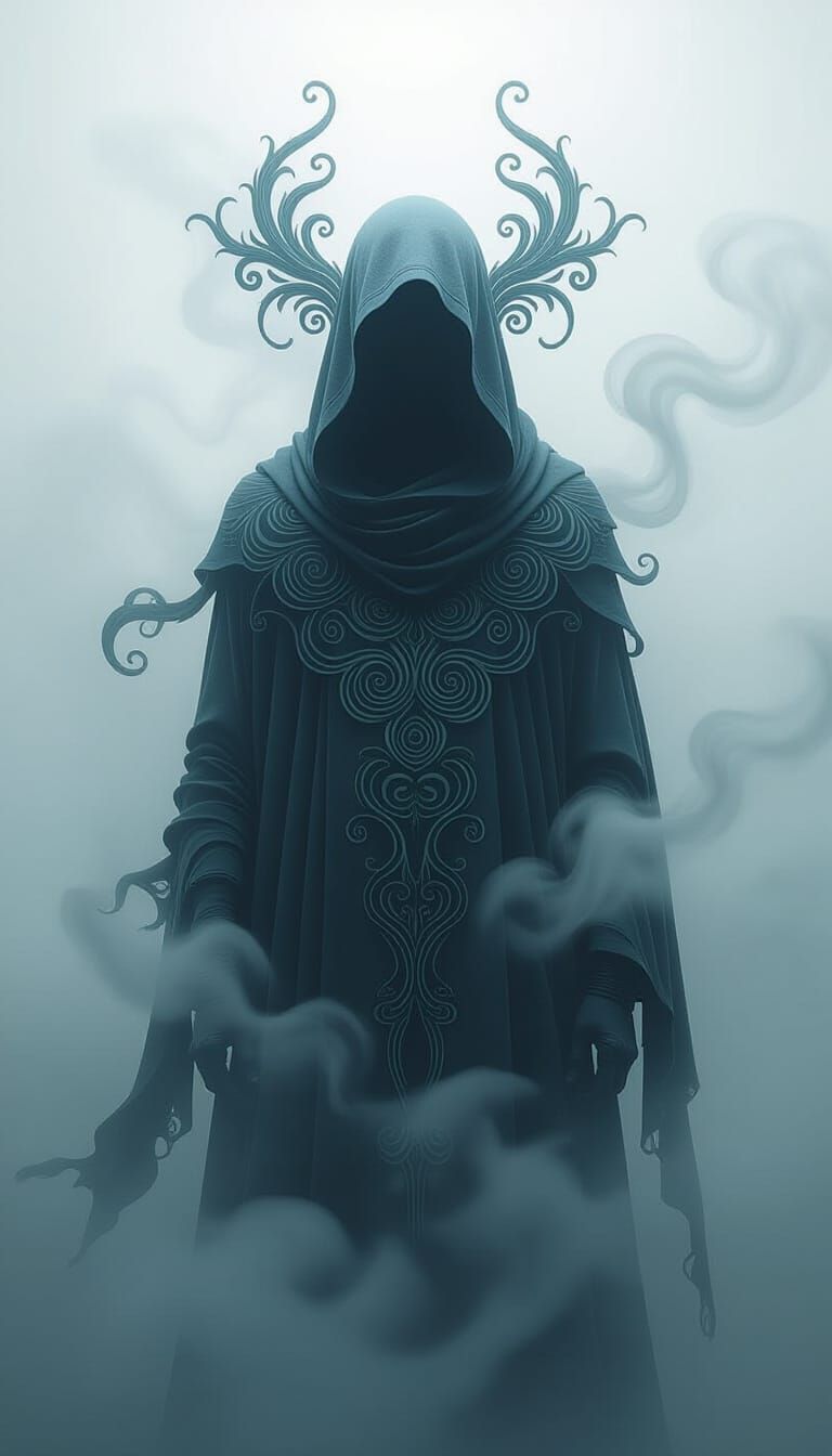 Dreamy Figure in Mist with Swirling Patterns