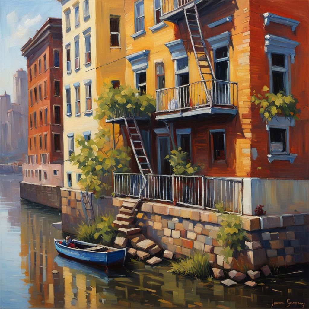 Riverside City Apartment in Oil Painting Style