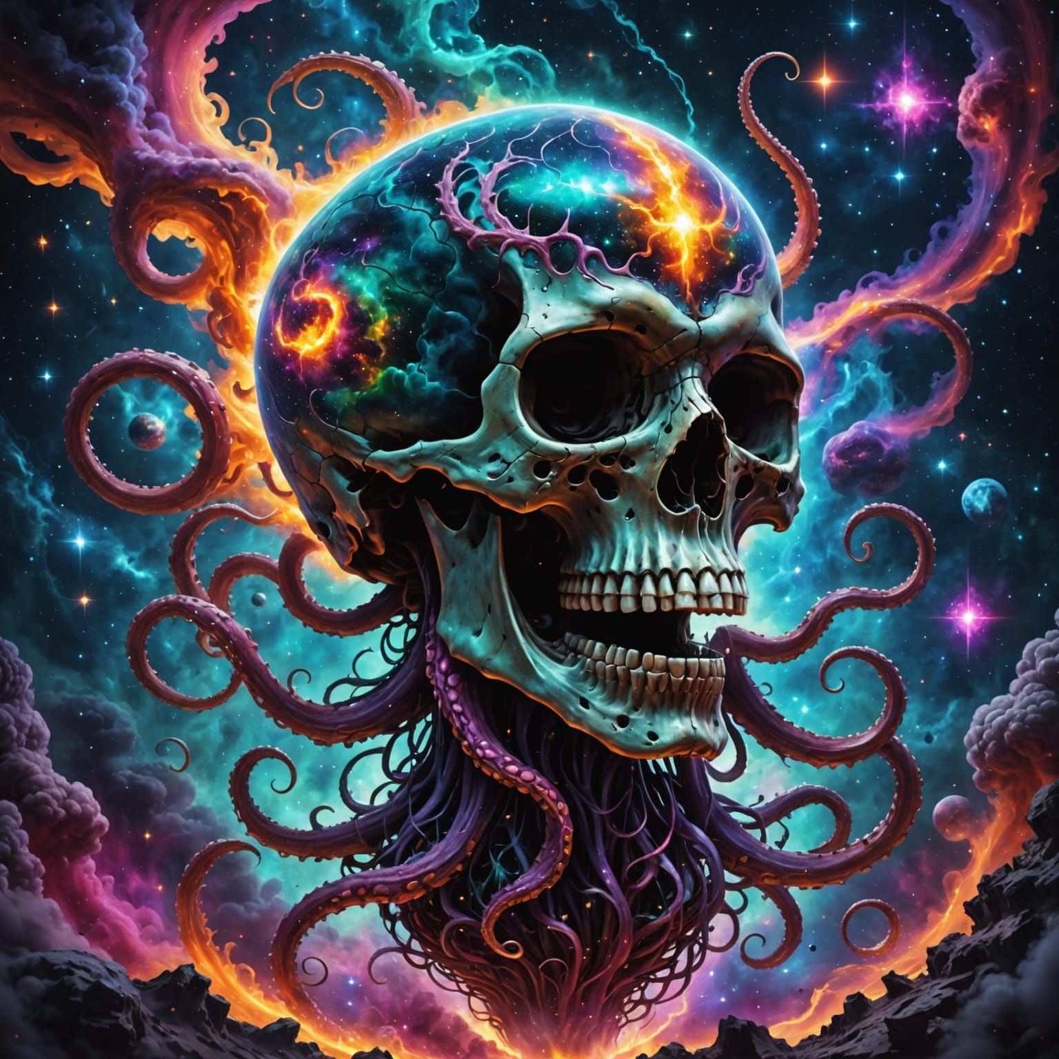A giant skull with tentacles is flying through a nebula