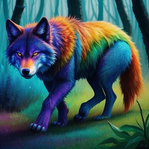 Wolf in Surreal Forest: Dreamlike Color Field Art