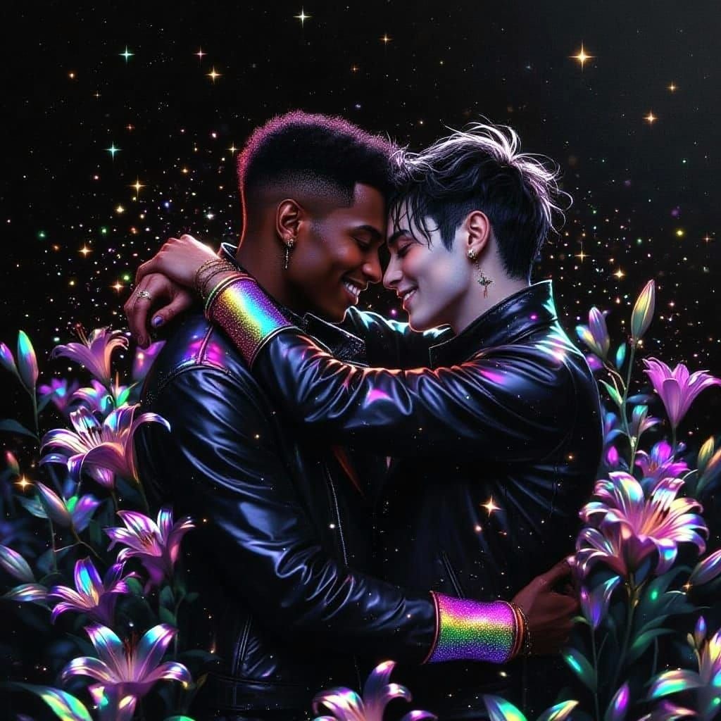 Gothic Gay Couple Embrace in Cosmic Field