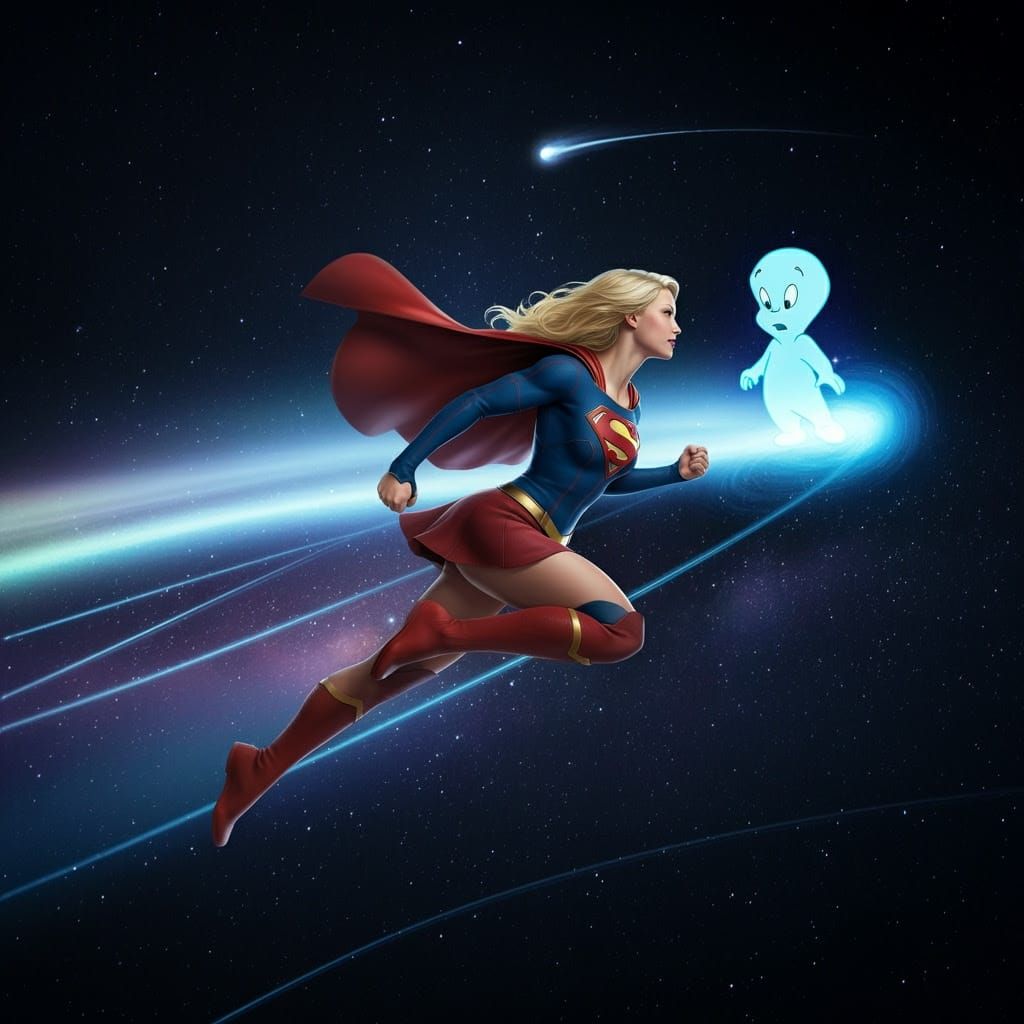 Supergirl Chases Comet in Cosmic Space Scene