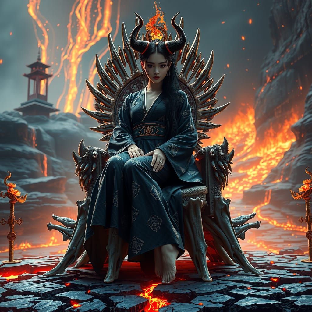 Japanese Goddess on Bone Throne in Dark Fantasy Style