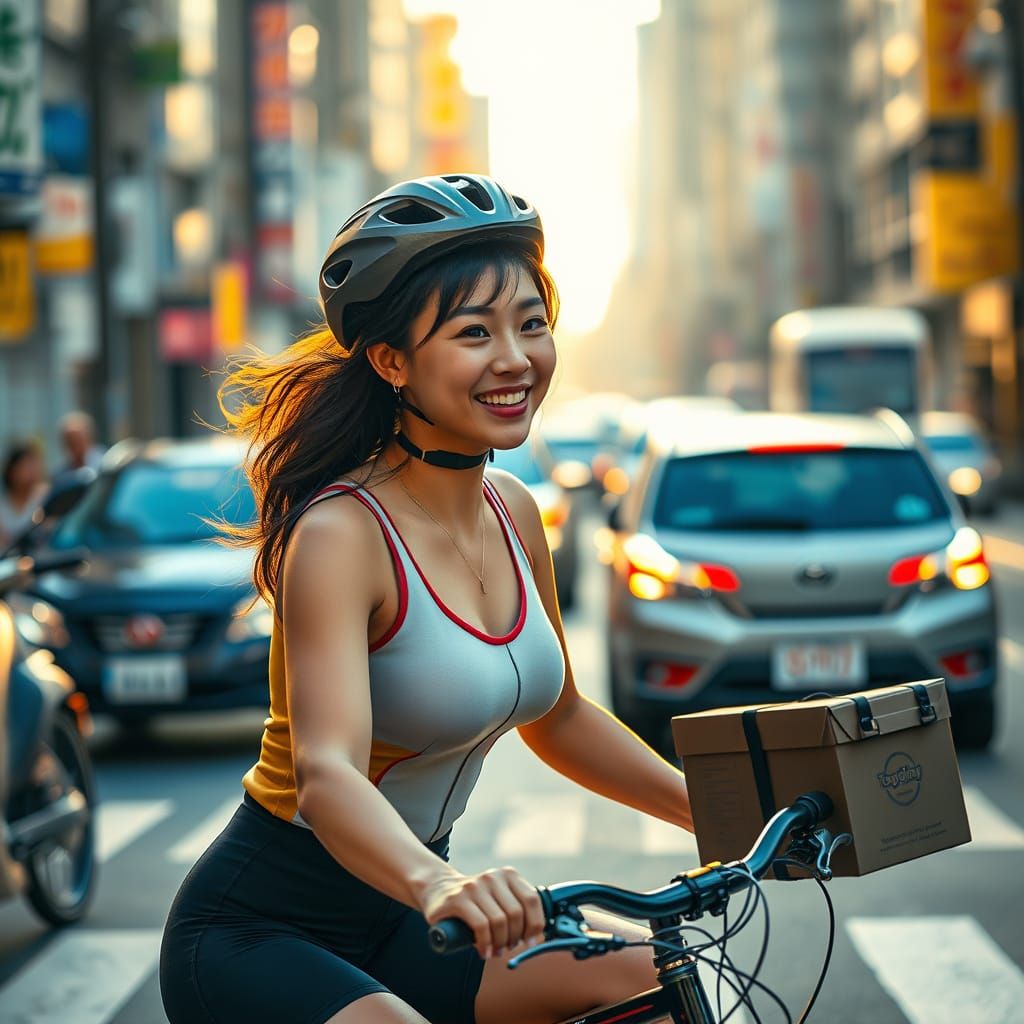 Japanese Woman Delivers Coffee on Cyberpunk Bicycle in Tokyo