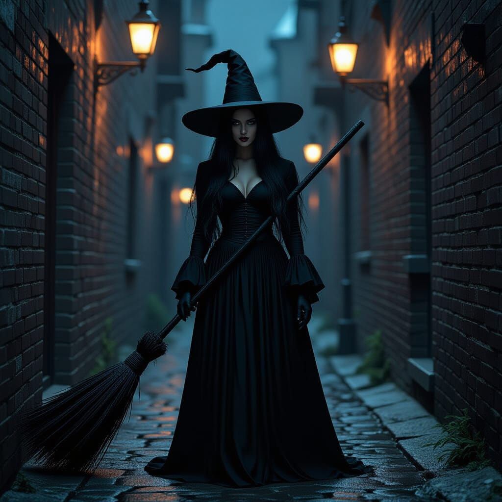 Creepy Witch in Dark Alleyway, Inspired by Surrealist Art