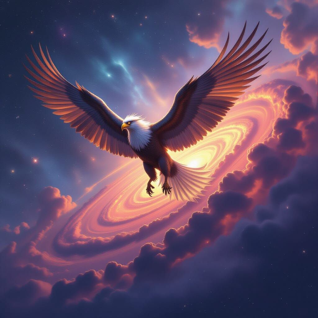 Majestic Griffin Soars Through Starry Nebula Sky