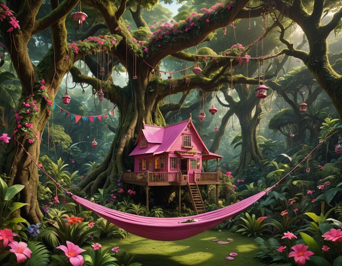 Pink House in Rainforest Clearing, Fantasy Concept Art