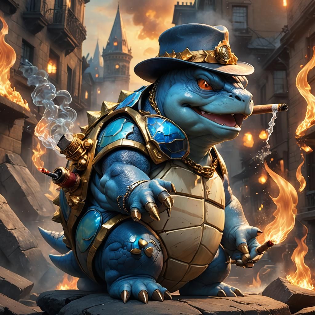 Gangster Blastoise with Fedora in Flames