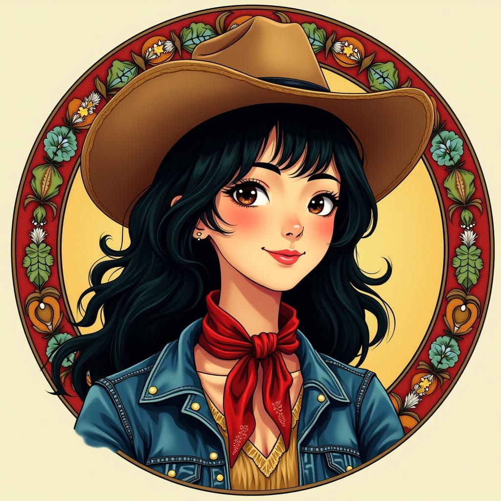 Art Nouveau Japanese Cowgirl Portrait in Circular Frame