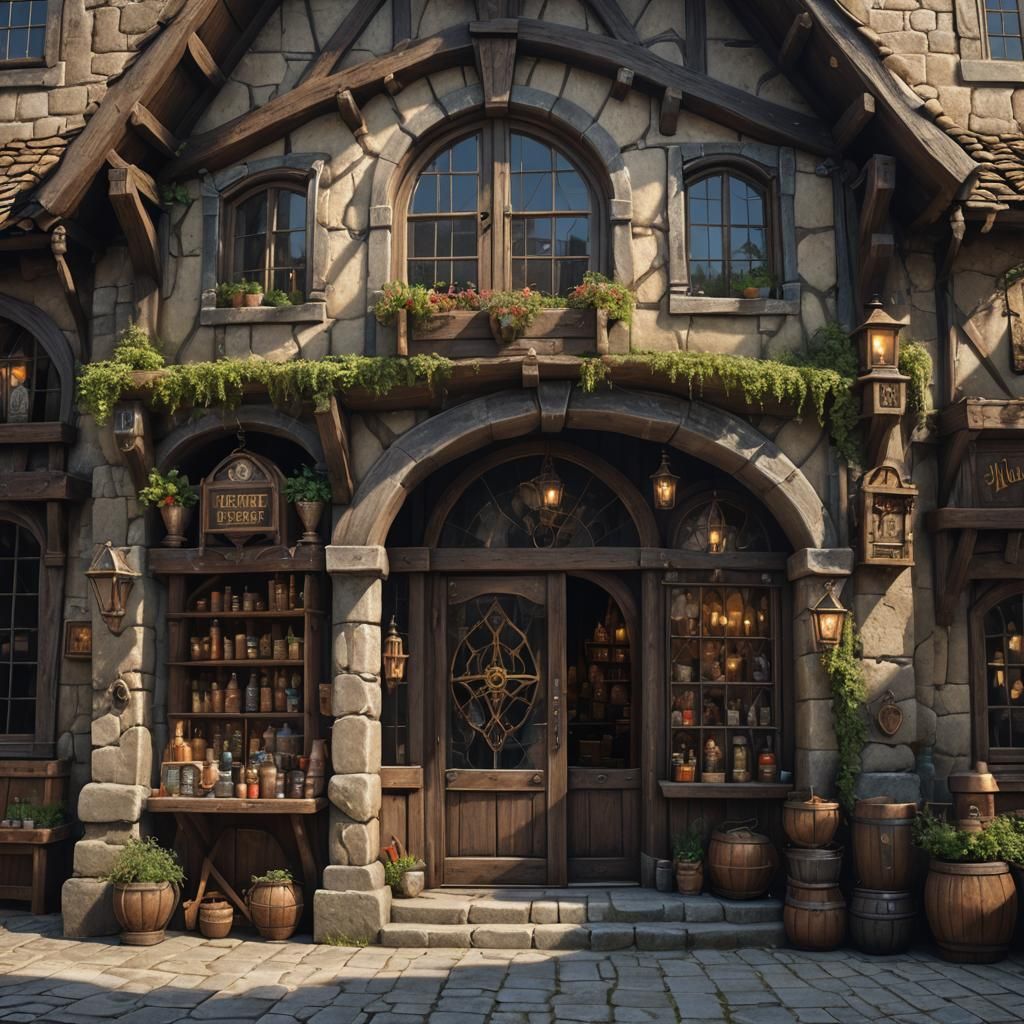 Medieval Magic Shop with Wizard, Detailed Matte Painting