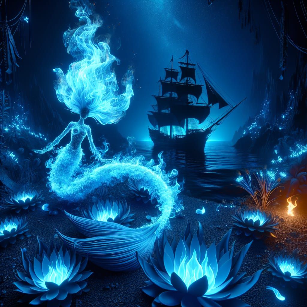 Ethereal Flame Mermaid in Dark Underwater Scene