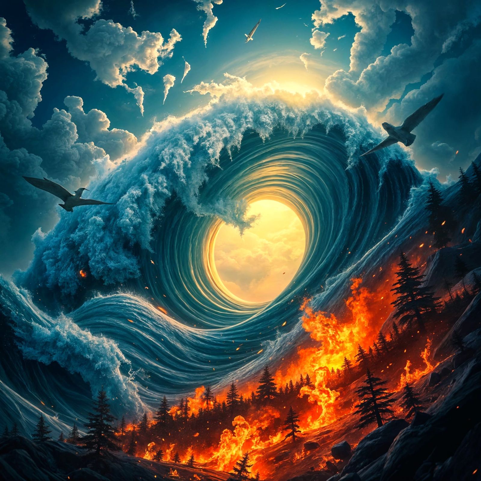 Tsunami Devastation Unfolds in Vibrant Fantasy Landscape