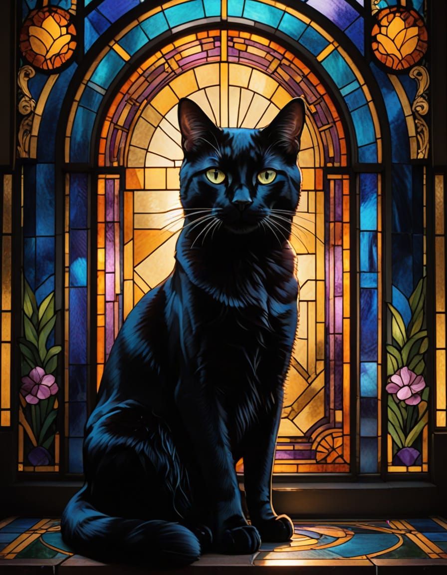 Elegant Art Deco Cat in Stained Glass Window