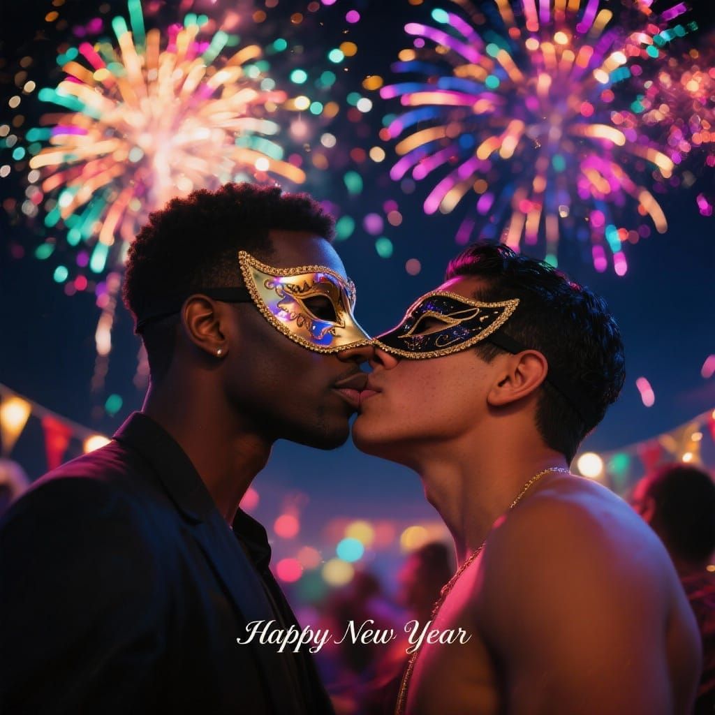 Passionate New Year's Kiss Under Fireworks
