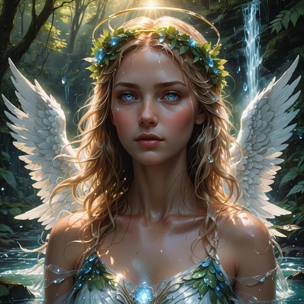 Ethereal Angel Portrait in Forest Waterfall Setting