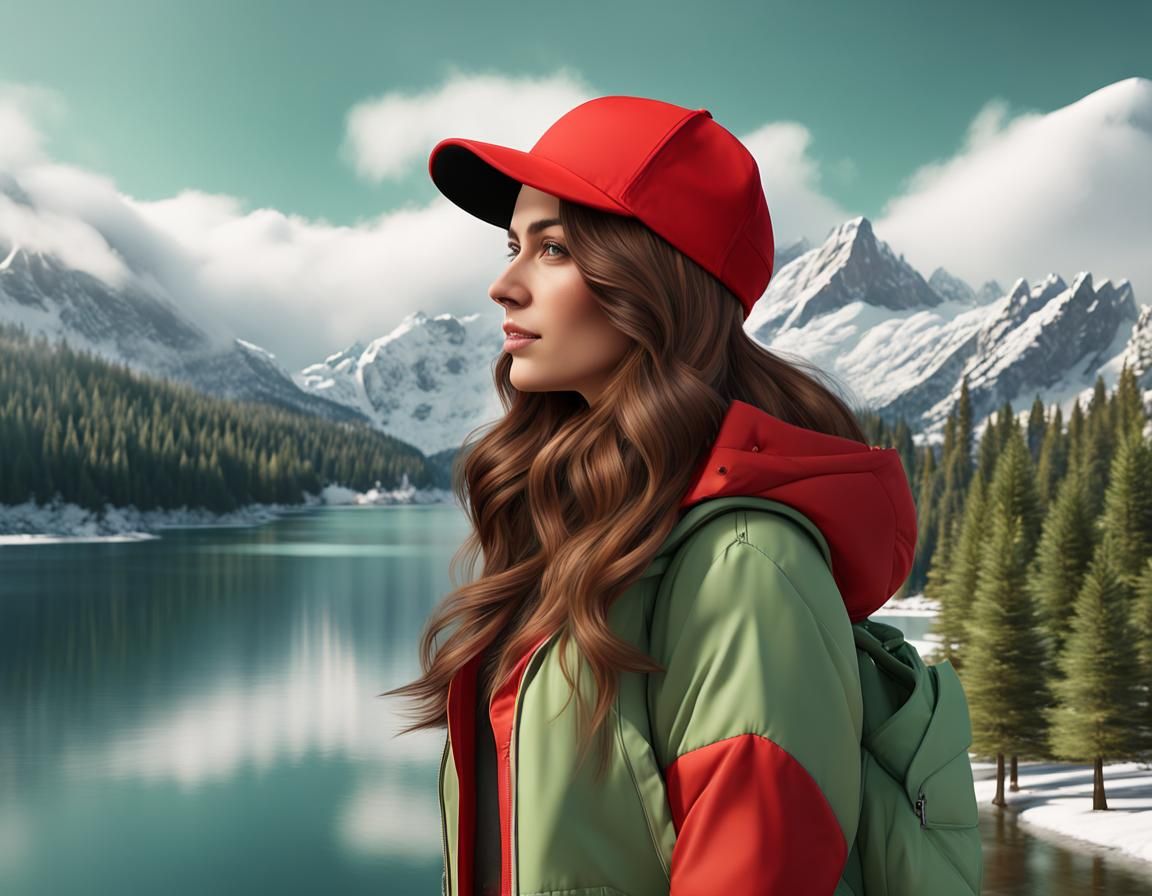 Woman Walking by Mountain Lake in 3D, 8K