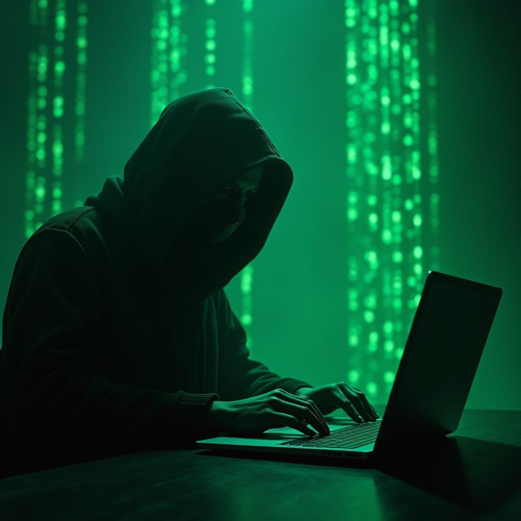 Cyberpunk Hacker in a Dystopian World of Glowing Binary Code