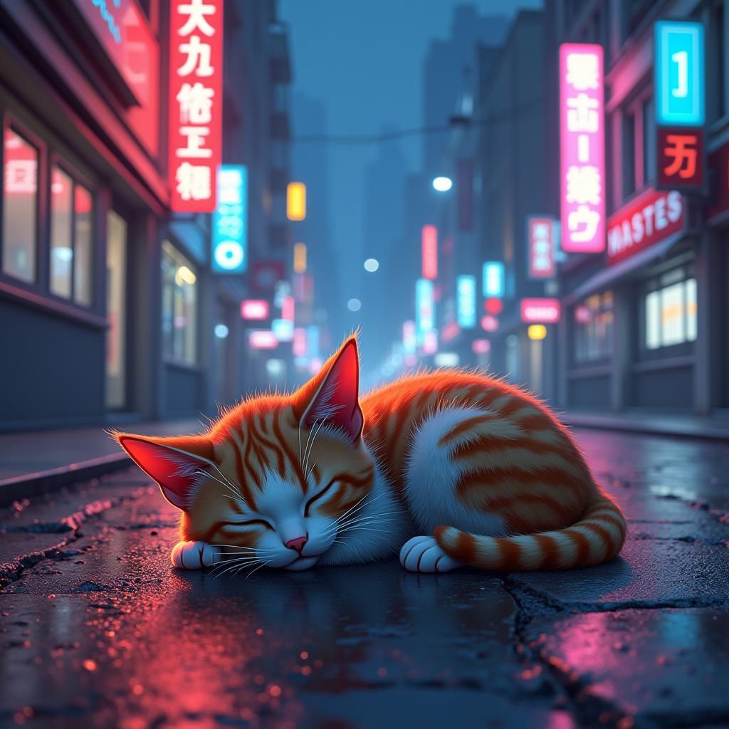 Cyberpunk Kitten Dreams in Neon Cityscape