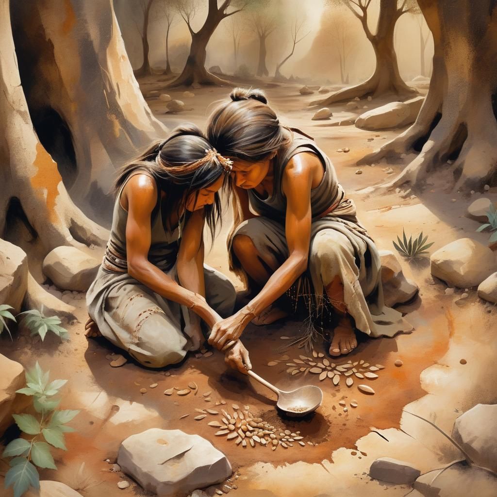 Stone Age Woman Sowing Seeds: Primal Cave Painting