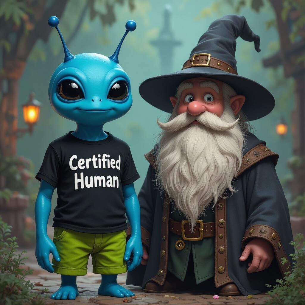 Cartoon Alien and Wizard in Detailed Matte Painting
