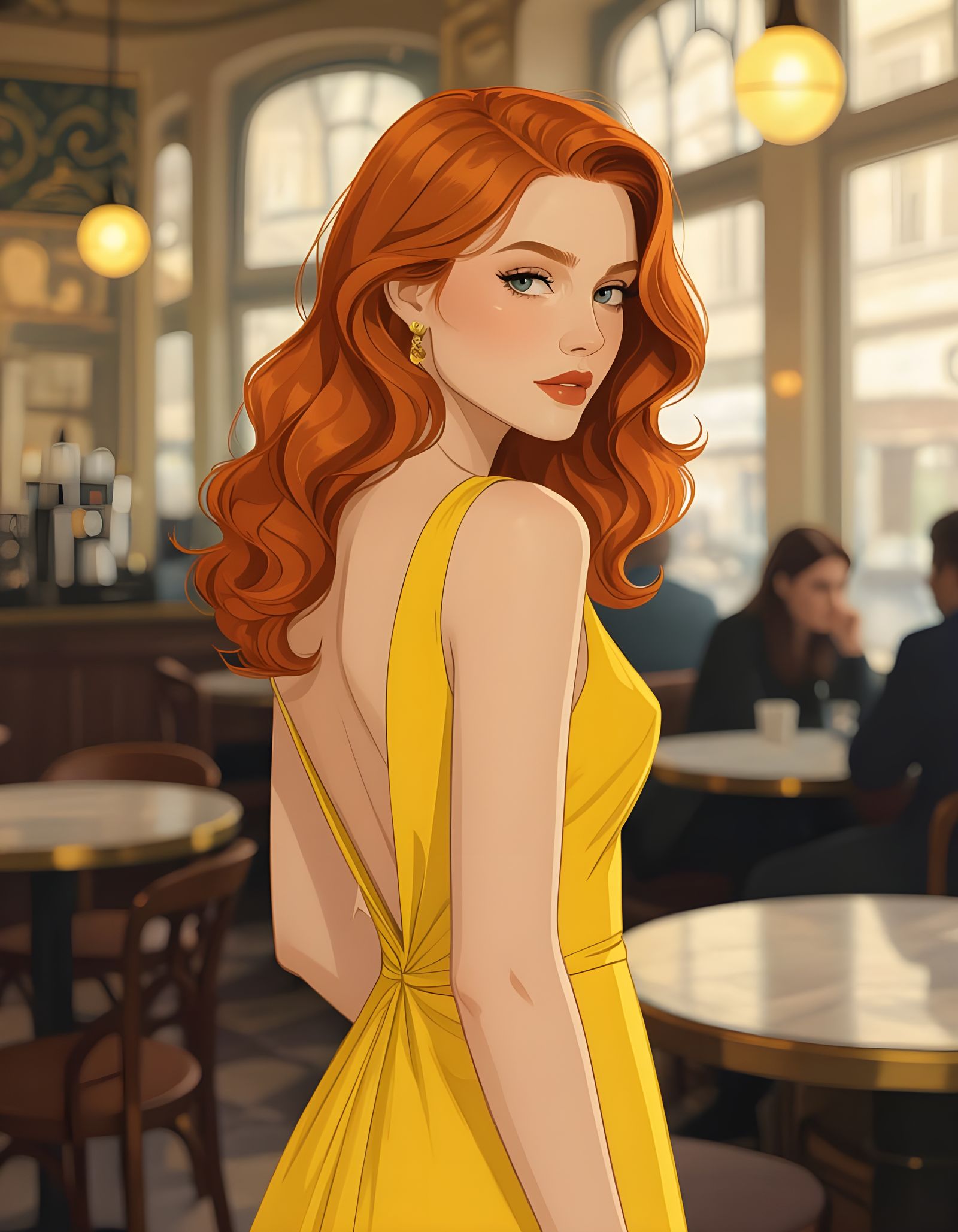 Elegant Woman with Red Hair in Modern Cafe