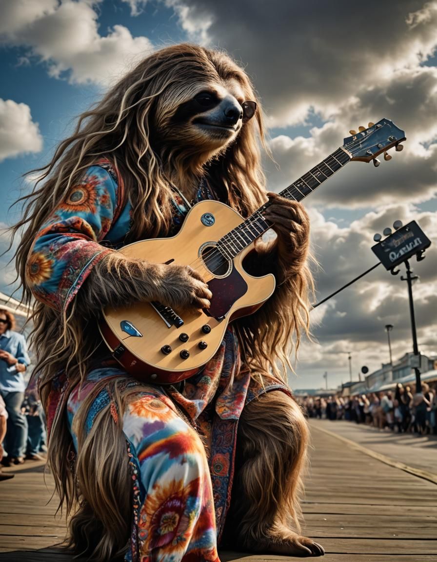 sloth guitar player busking out on the Brighton pier