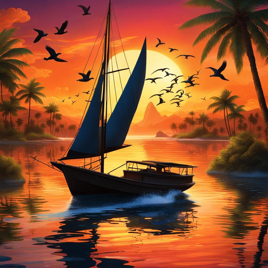 Sunset Sailboat Scene in Magic Realism Style