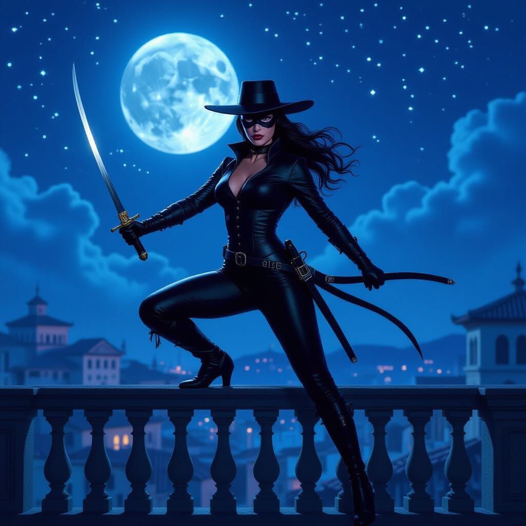Defiant Female Zorro on Balcony in Hyperrealistic Style