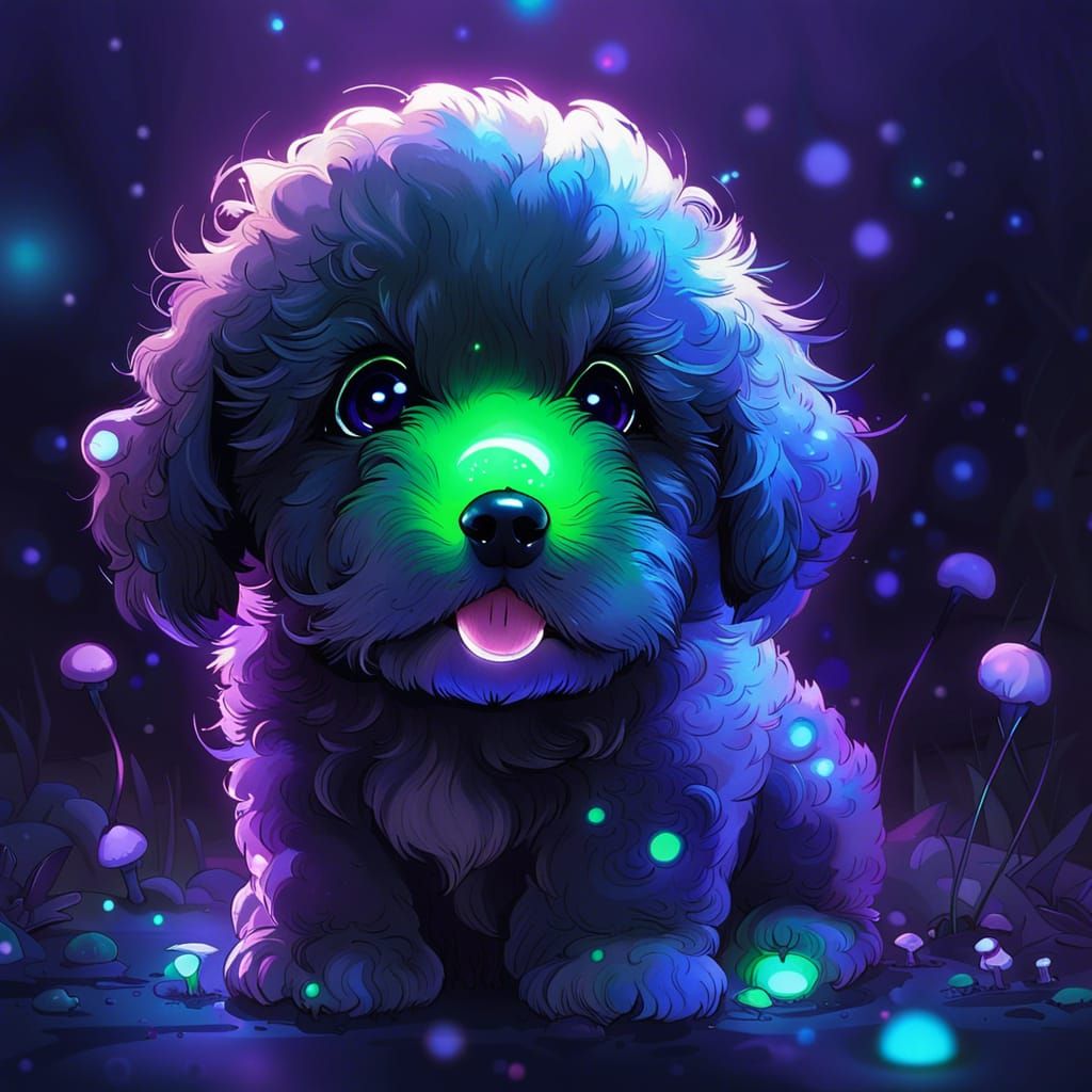 Cute Chibi Bernedoodle Puppy with Bioluminescent Mushrooms