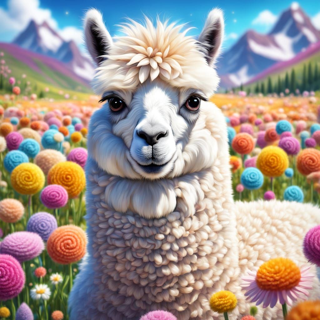 Fluffy Llama in Flower Field: Candy Art