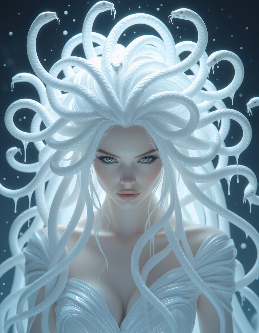 White Medusa with Cobra Hair in Liquid Motion