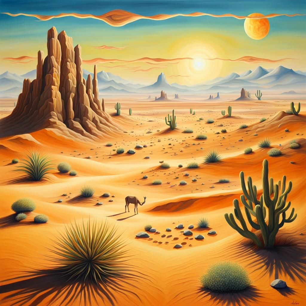 A landscape painting depicting an endless desert under full ...