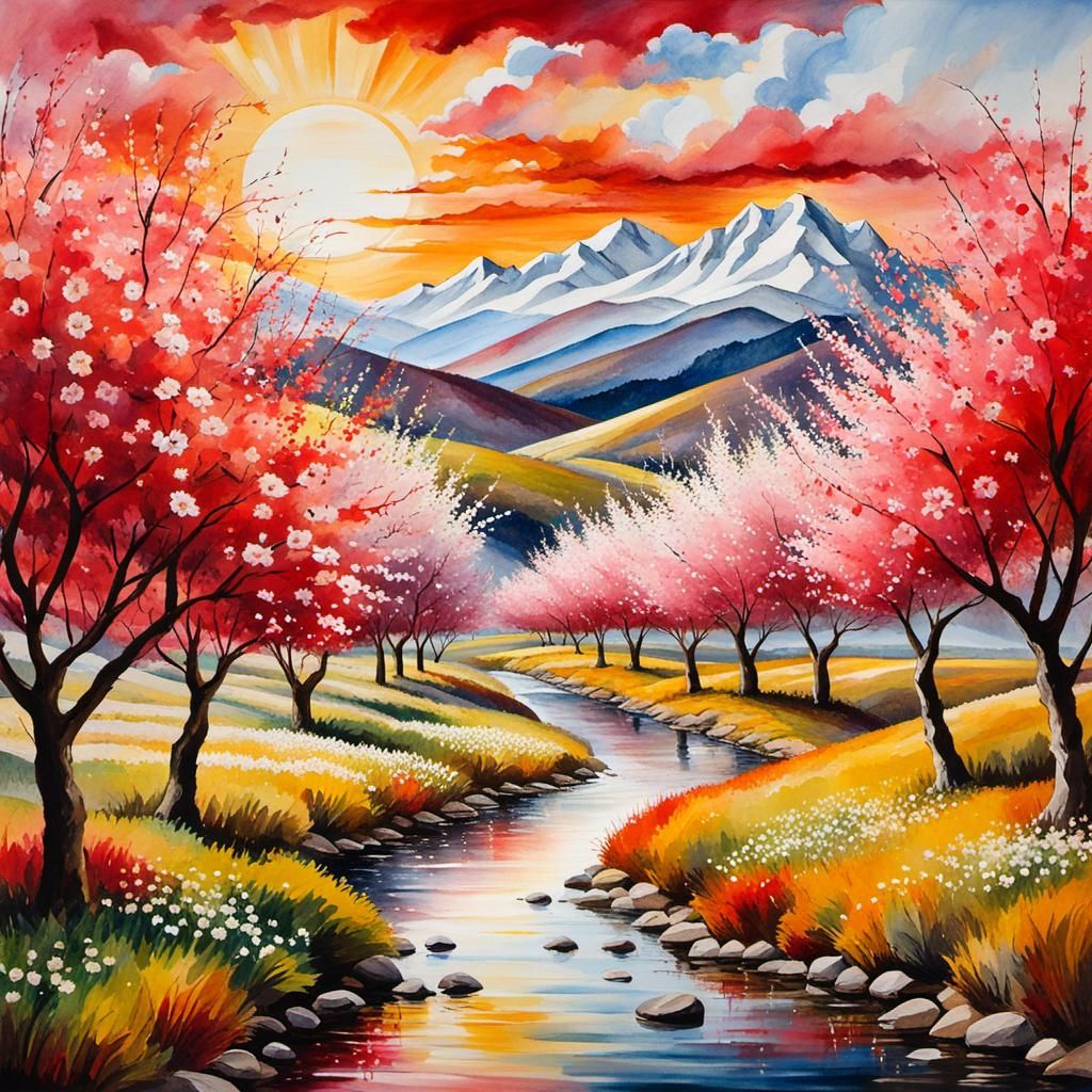 Orchard of Blooming Peach Trees: Oil and Watercolor
