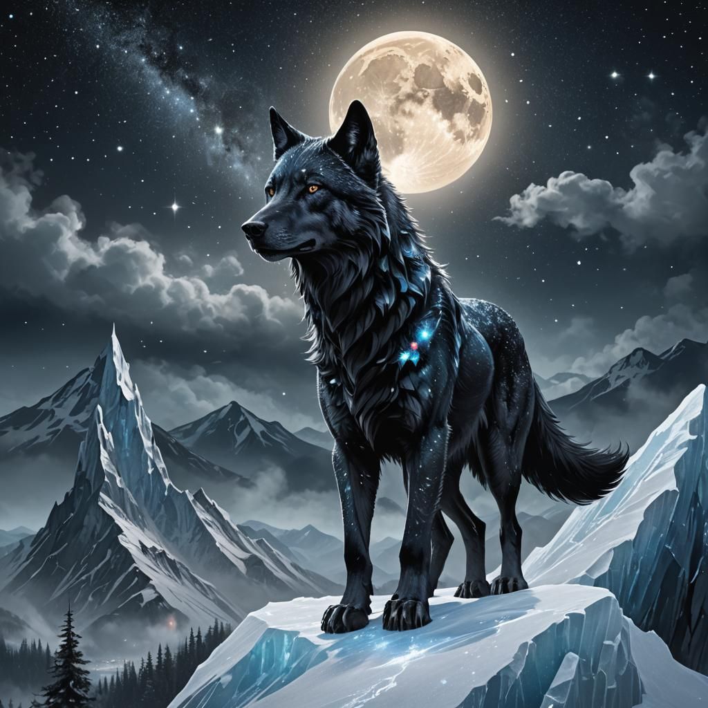 Ethereal Black Wolf on Frozen Peak Under Astral Sky