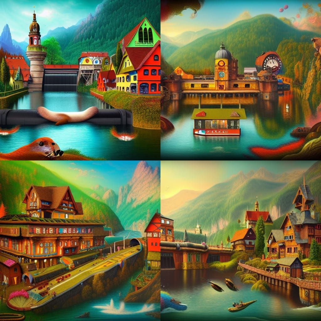Colorful Otter Town Hall in Fantasy Landscape