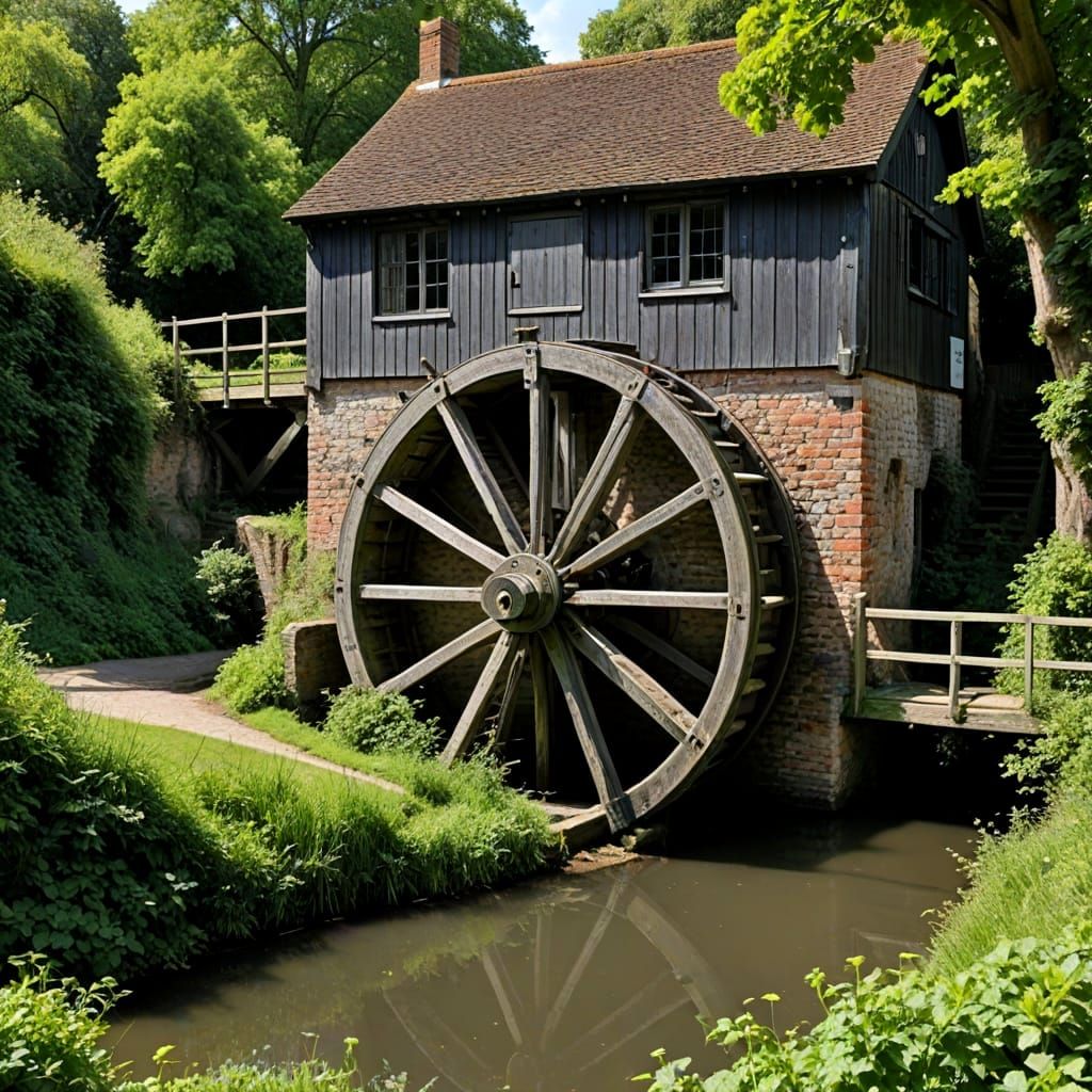 Historic Waterwheel Along the River Stour in Traditional 18t...