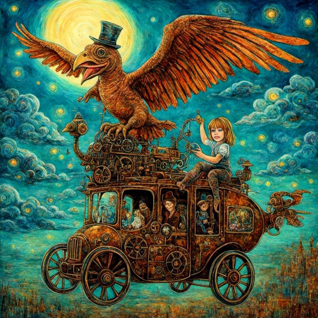 Girl on Giant Bird in Van Gogh Steampunk Style