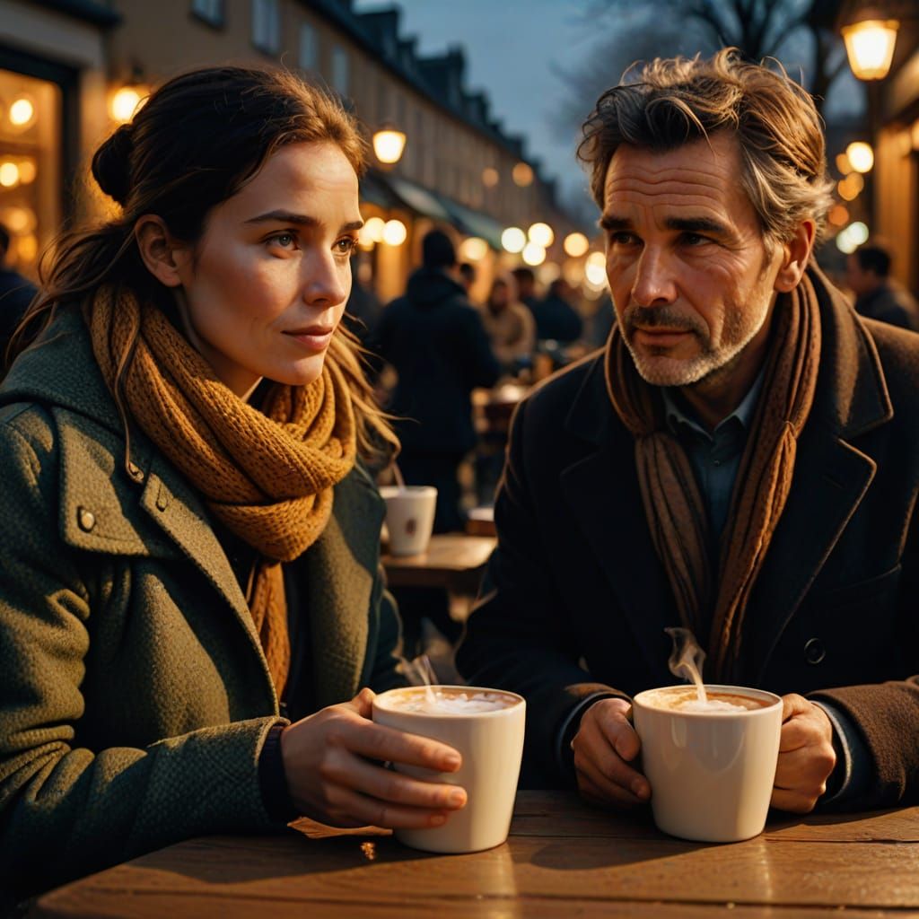 Warm Golden Evening: People Sharing Hot Drinks