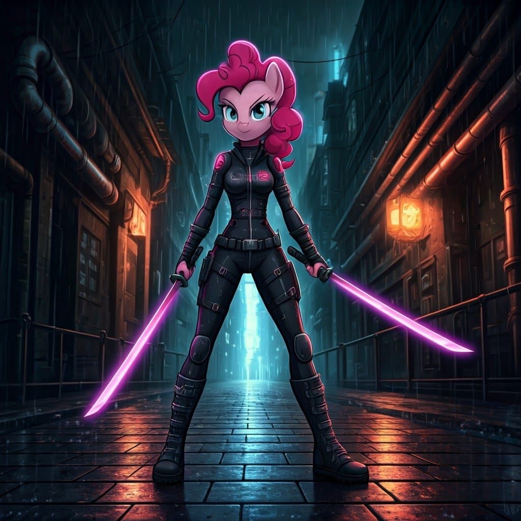 Cyberpunk Pinkie Pie Wields Katanas in Futuristic Alleyway