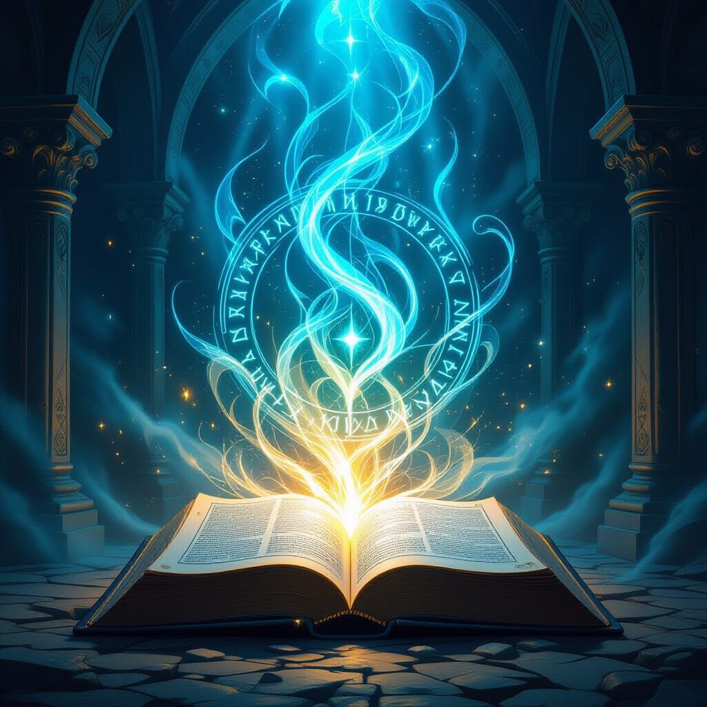 Mystical Book Emitting Glowing Runes in Ancient Chamber