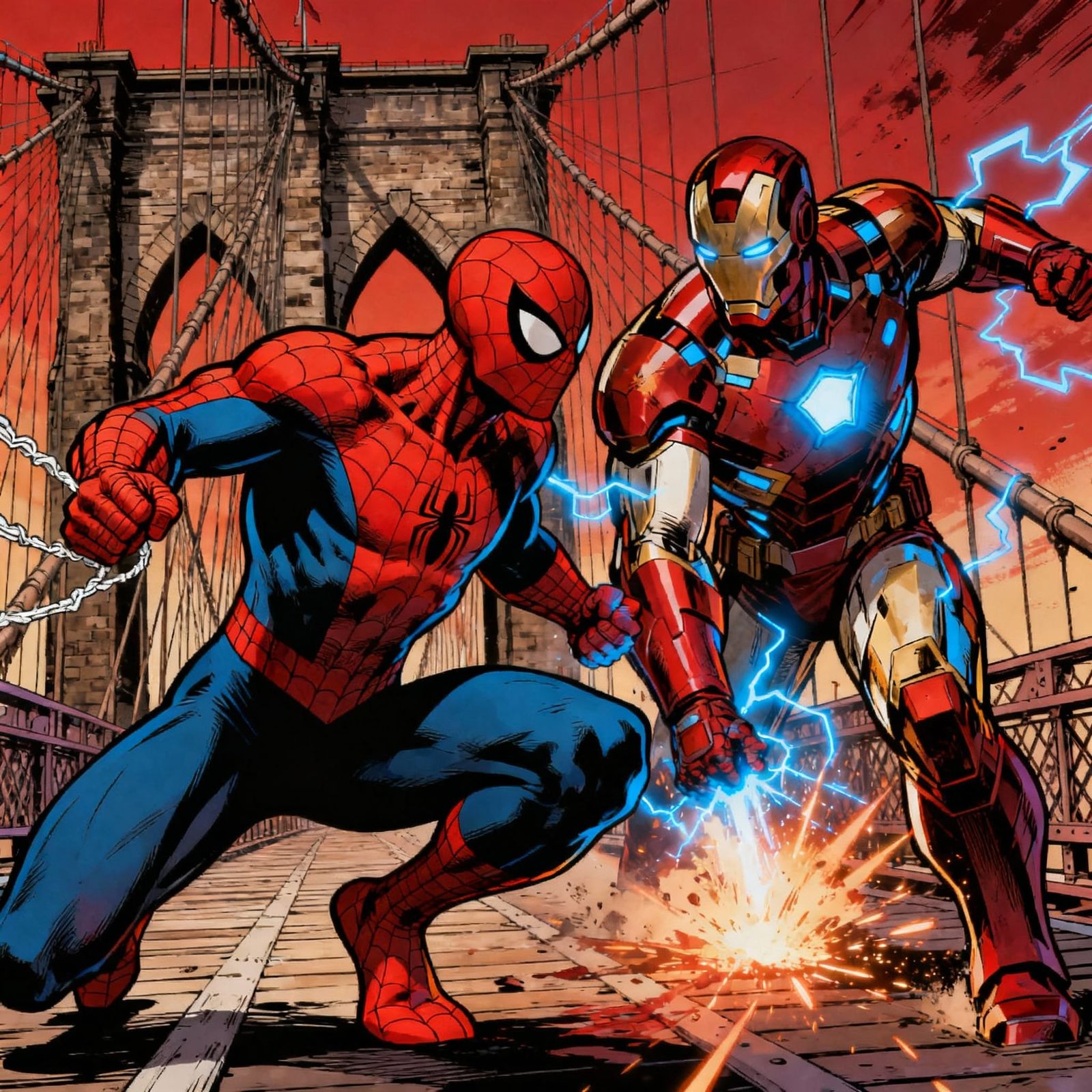 Spider-Man Fights Iron Patriot on Brooklyn Bridge Comic Styl...