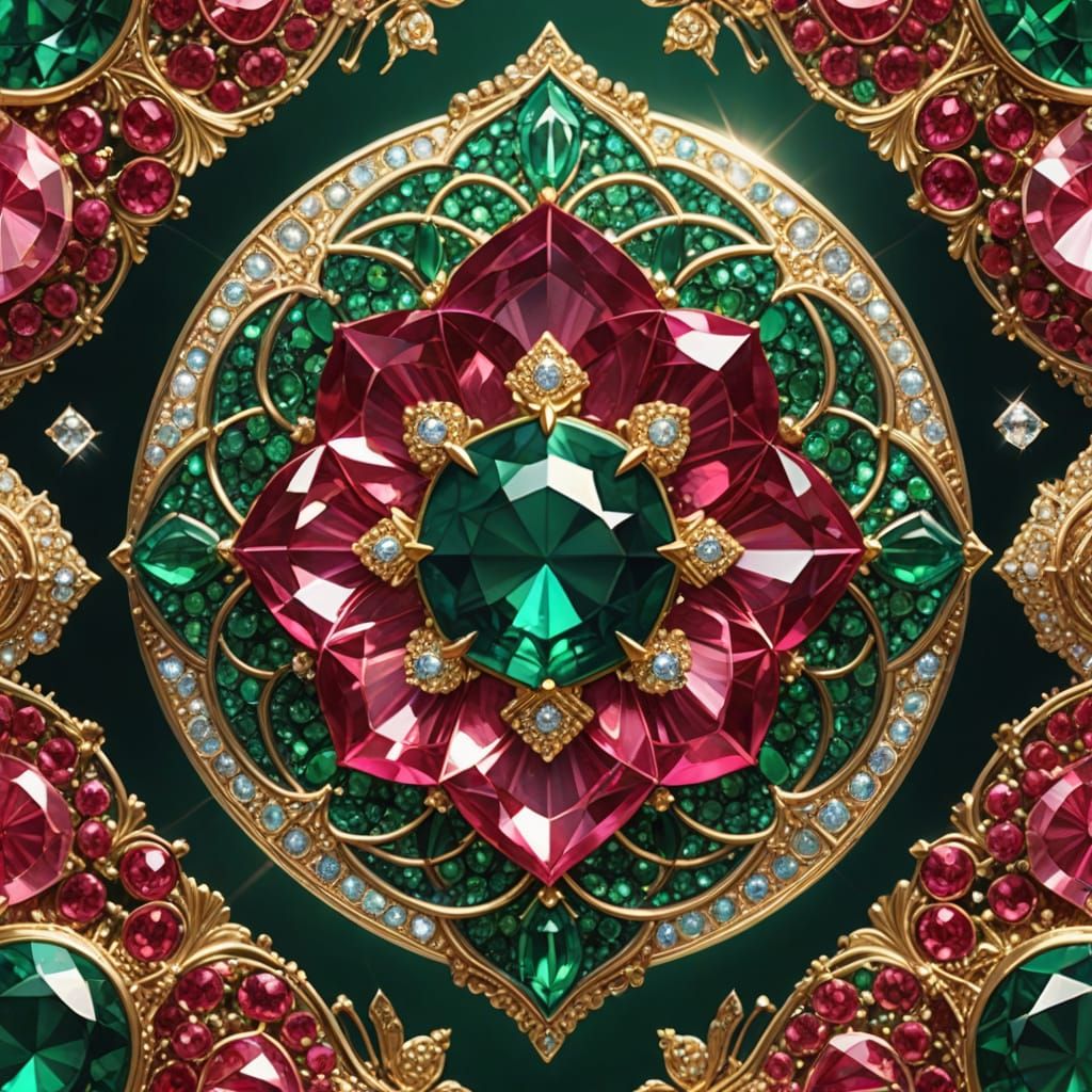 Sparkling Ruby Emerald Rose with Golden Filigree